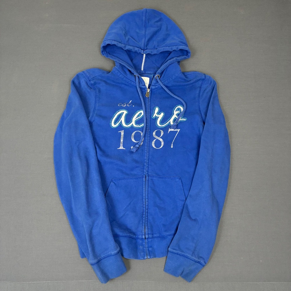 Y2K Aeropostale 'aero 1987' Blue Spellout Full Zip Hoodie Women's Size Small